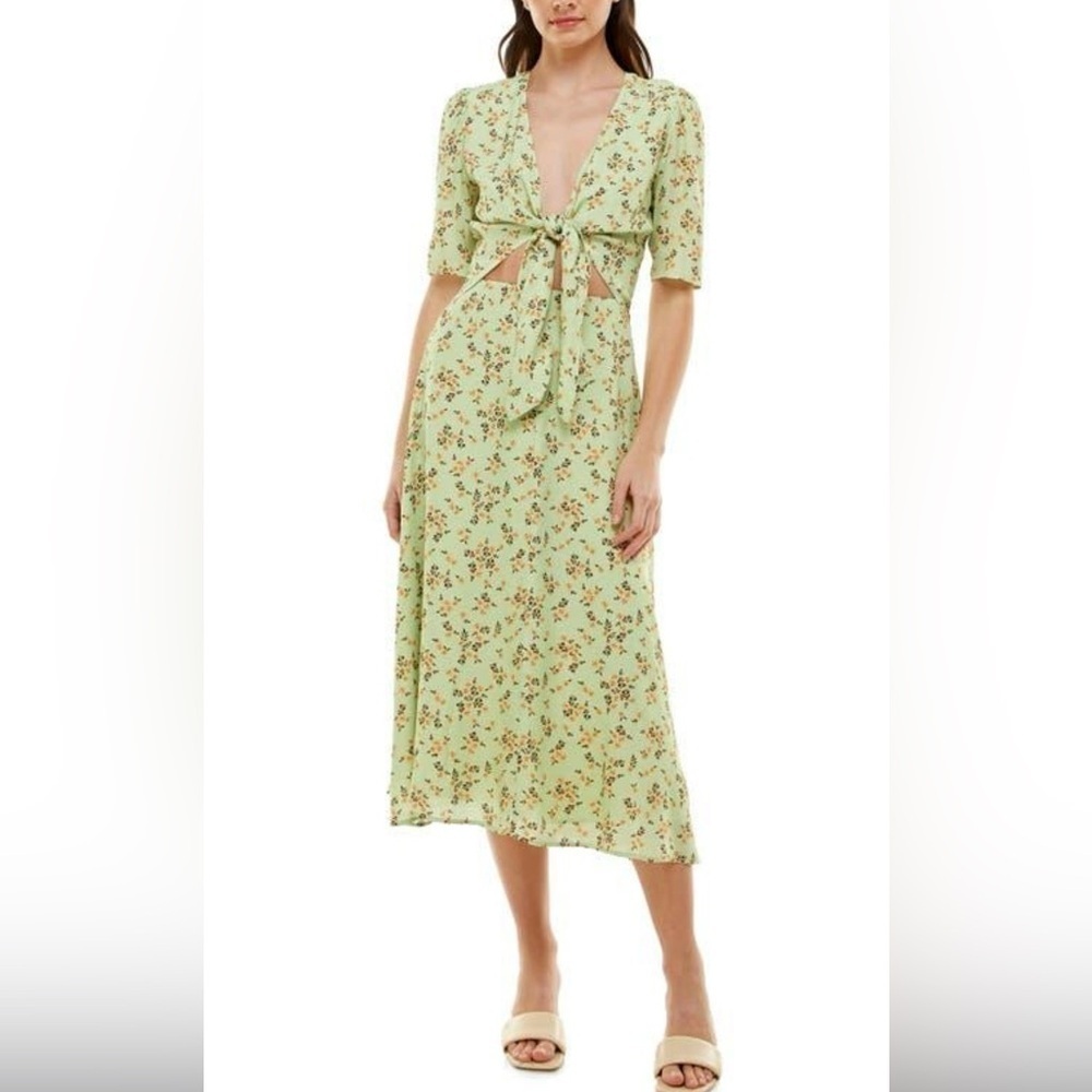 WAYF Rosalind Ditzy Floral Tie Front Midi Dress Women’s XL Green Coquette Brunch